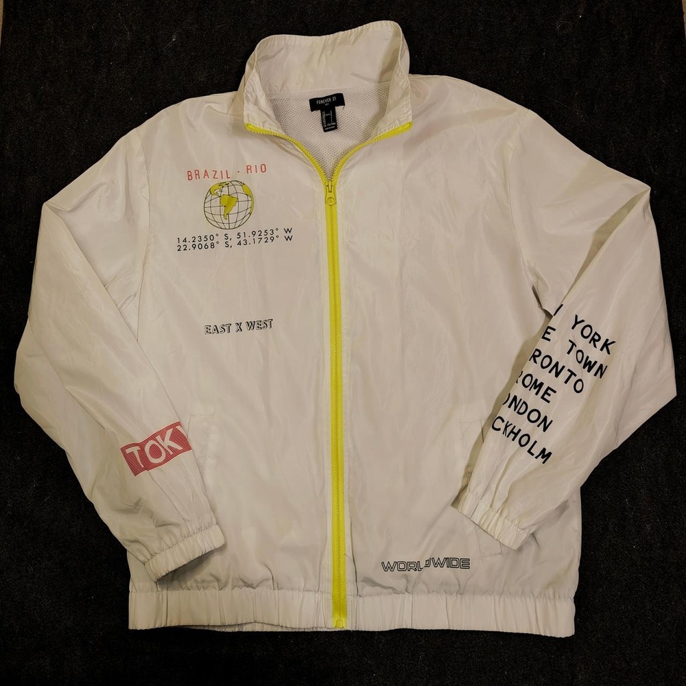 Forever 21 Men White Windbreaker Jacket Brooklyn Bridge Brazil Rio Large